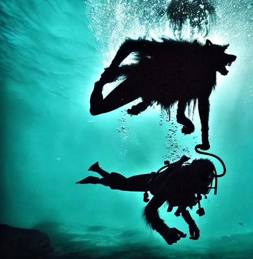 Prompt: Werewolf diving deeper underwater