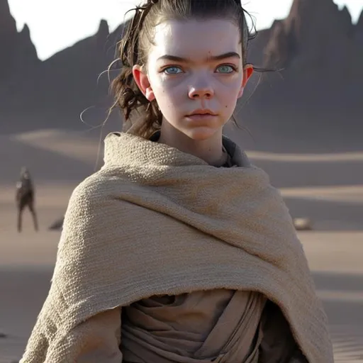 Prompt: anya taylor-joy, bandaged eye, detailed face, hijab, turman, skinny, anorexic, tall, military, robot arm, desert armor, rey starwars, bandaged arms, tan poncho, desert, mountain, scifi, futuristic