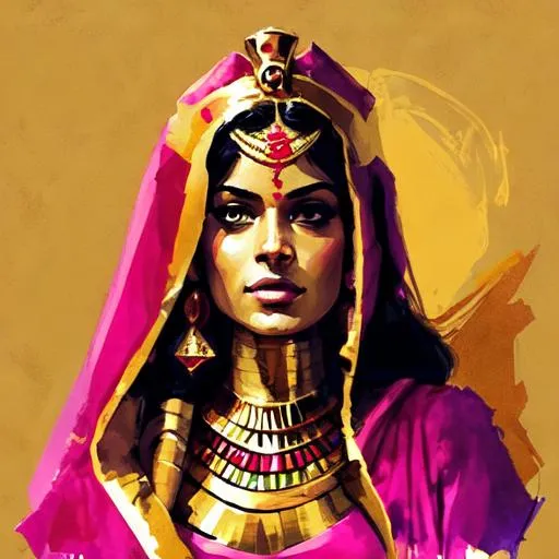 Prompt: A beautiful curvy women in magenta color printed saree long hair, gold egyptian headgear, pyramid background