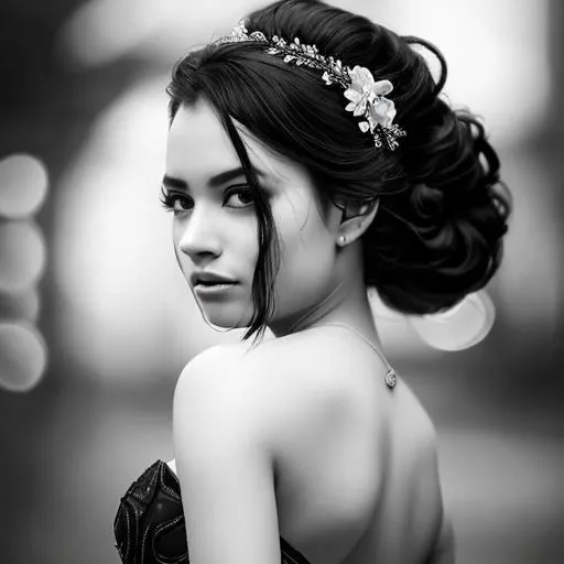 Prompt: beautiful women in a long black formal dress, black hair, black and white, high detail, photograph, focus, hyper realistic photograph, cinematic 4k epic detailed photograph shot on kodak detailed bokeh cinematic 