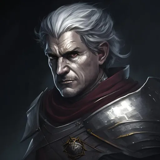 Prompt: portrait, fantasy, visible face, knight, banneret, armor, angry expression, short grey hair, middle aged, dark background