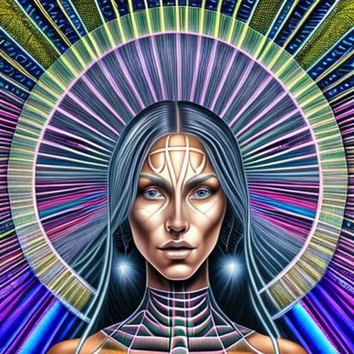 Prompt:  Geometric background backlit in the style of Alex Grey, In the foreground is a beautiful woman, in the style of Botticelli, Gray hair, four Gray-colored eyes, 