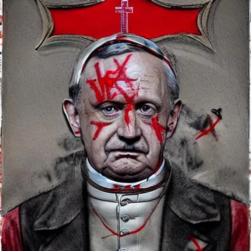 Prompt: hyper realistic hyper real vatican pope with hitler mustash and 666 drawn in red ink on forehead in red ink  in front of upside down american flag mark of beast on skin inside the vatican federal reserve wearing 666 all over with 666 on forehead damnit spraying graffiti on vatican banksy