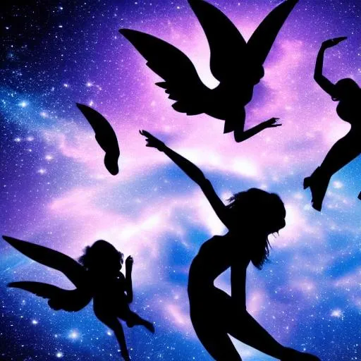 Prompt: silhouette many angel with flying on the galaxy
