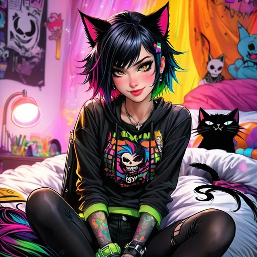 Prompt: Anime illustration, slim cute catgirl with punk styling, tail, black hair, black, dark eyeliner, sitting on bed, cute pose, bedroom, colorful, happy and cheerful, vibrant, detailed hair and a mixed goth-punk outfit, high quality, anime, colorful, cheerful, indoor setting, detailed character design, professional, atmospheric lighting