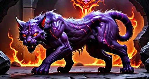 Prompt: demonic feline, on all four legs, purple, muscular, glowing red eyes, DnD style