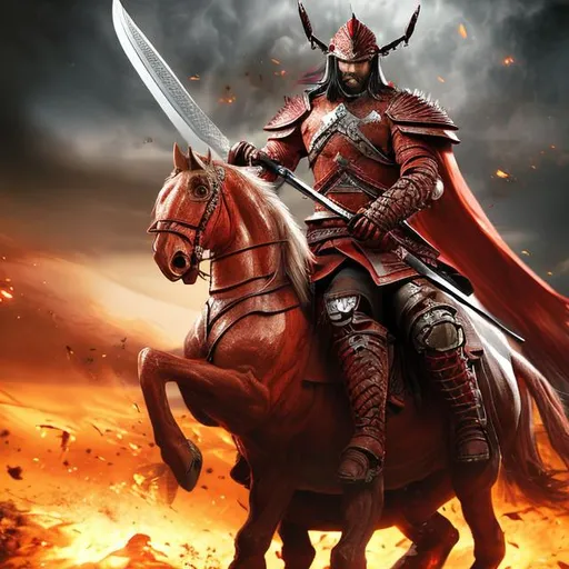 Prompt: A 33 year old man on a red horse with a great sword. He brings war and destruction to the world. Photorealistic.