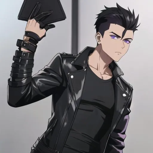 Prompt: Male young adult, 19, (Short black hair falling between the eyes with an undercut,  purple eyes and a femine body) Leather jacket and a black shirt and ripped denim jeans, around his neck, black leather gloves. Highly detailed face, 8K, Insane detail, best quality, UHD