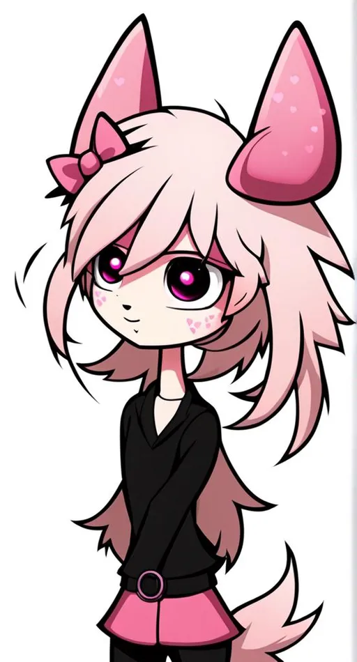 Prompt: Pink punk hair, pink fennec fox, black pink eyes, with a black eyepatch on the right eye with a pink heart shape on the black eyepatch, with pink cheeks, dark brown long sweater with sleeves, black pants with a black belt, furry.