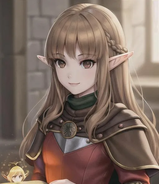 Prompt: Female with light brown hair, portrait, elf, brown eyes, 4k, hyperrealisitic, royal princess, berserk, game of thrones, smiling, small chest