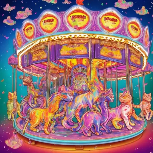 Prompt: Cat carousel in the style of Lisa frank