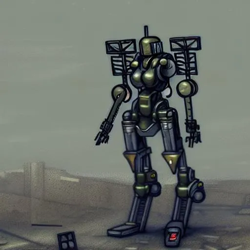 Prompt: dystopian,mech,mechsuit,scavenged,wasteland,gun in one hand,sword in off hand, hyper realistic, dramatic, 