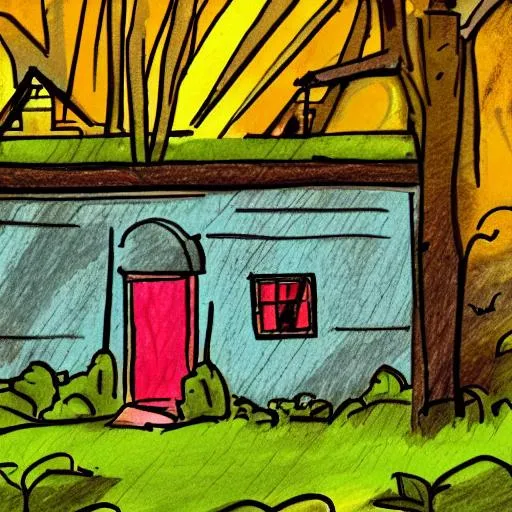 Prompt: a drawing of an old run down house, ring lights, in the woods, with solid colors