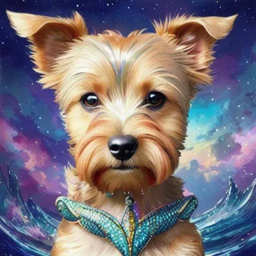 Prompt: ((Australian terrier dog)), featuring a beautiful portrait of a mermaid in a starry underwater scene with bright colors, Intricate details, Digital painting, Artstation, Fantasy, Surreal, Dreamy, Glowing, Magical, trending, by artgerm, jason engle, jennifer healy, and kyoung hwan kim