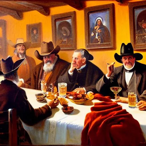 Prompt: Create an art piece of the Pope partying with cowboys in a saloon, enjoying the lively atmosphere and good company (medium: art). The style should reference the works of Western artists such as Frederic Remington and Charles M. Russell, incorporating elements of realism and action (style: Western Realism). Use a warm color palette, focusing on shades of brown, red, and orange to create a rustic and inviting ambiance (colors: warm). The lighting should be bright and energetic, with sunlight streaming through the windows and lamps illuminating the saloon (lighting: bright, energetic). The camera should be positioned in a dynamic composition, using a wide-angle lens to capture the movement and action of the party (composition: wide-angle lens, dynamic).