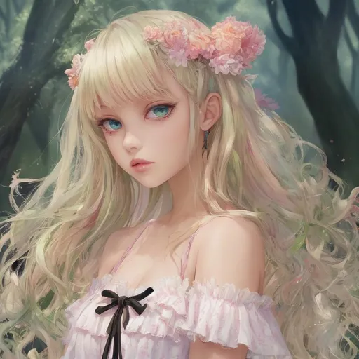 Prompt: long shot vast scenic of

1 anime fairy girl, masterpiece hyper semi-realistic water color pastel mix, petite young beautiful body, hyperdetailed luxury pattern off the shoulder fluffy white pink dress, black string knots, flying hyperdetailed fluffy blonde hair, stray hairs, bangs, beautiful detailed green eyes, beautiful hyperdetailed gloss lips, hyperdetailed soft smooth skin, iridescent symmetrical dragonfly wings, tribal tattoo, in the forest, hopeful, happy, joyful, smirk, soft smile,

flowers, standing, yellow glowing dusk floating in the air,

sunshine, strong ambient sunshine, very strong sunshine, colorful back light, studio lighting, cinematic light, ambient light, natural light, rim lighting, sunrays, rich vivid lighting, dreamy, glowing, glamor, cozy,

volumetric lighting maximalist photo illustration 64k, resolution high res intricately detailed complex,

masterpiece, oil painting, oil on canvas, brush strokes, ultra realistic, hyperrealism, fantasy, heroic fantasy art, sharp focus, digital painting, digital art, clean art, professional, colorful, colorful ambient, rich deep color, concept art, colorful ink illustration, finely detailed, CGI winning award, highly realistic, UHD, HDR, 64K, RPG, WLOP, Greg Rutkowski, Makoto Shinkai, UHD render, HDR render, 3D render cinema 4D