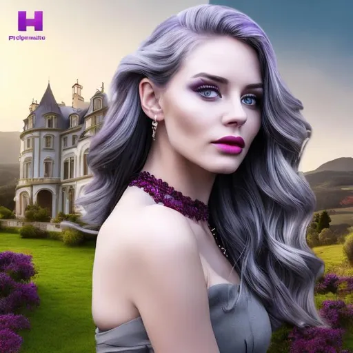 Prompt: professional modeling photo live action human woman hd hyper realistic beautiful wicked grey hair pale skin grey eyes beautiful face red and purple dress with jewelry countryside landscape hd background with live action mansion and black cat