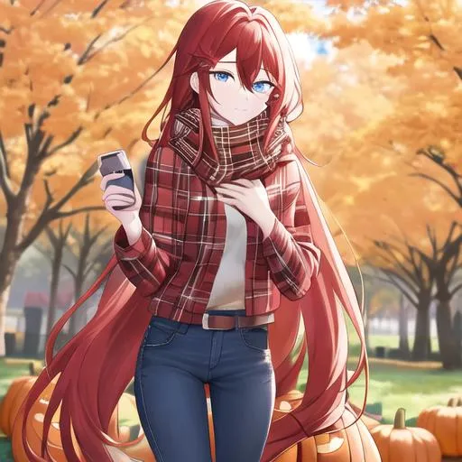 Prompt: Zerif 1male (long Red side-swept hair covering his right eye, blue eyes), highly detailed face, UHD, wearing a cozy flannel shirt and a pair of stylish jeans. In the park, fall.  wearing a scarf, looking up at the sky, in a pumpkin patch,  young adult. Handsome,  detailed, UHD, HD, 4K, highly detailed, red haze, masculine