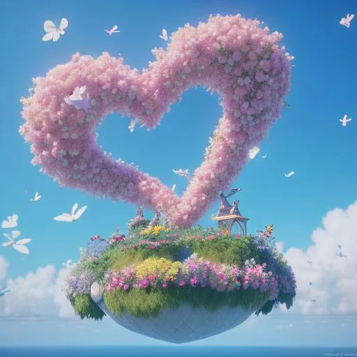 Prompt: a beautiful flying garden on a floating island, many colorful flowers, small fleecy clouds, flying blossoms in the wind, intrinsic details, photorealistic, animation, etheral lighting, octane render, digital art, ultra realistic, 8k, high resolution, trending on artstation, octane render, light and airy, pattern flying 3d hearts, blender, maya, digital art, award winning details, photorealism, hyper realistic, detailed by salvador dali, Japan blossom tree flowers, rob gonsalves, renoir, greg rutkowski