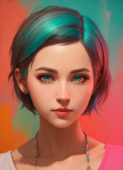 Prompt:  A portrait of a short hair woman based on the colorful expressive work of sara moon photography unreal engine