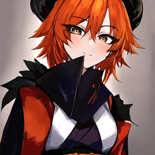 Prompt: Portrait of a cute girl with short, orange hair and grey eyes wearing a black kimono 