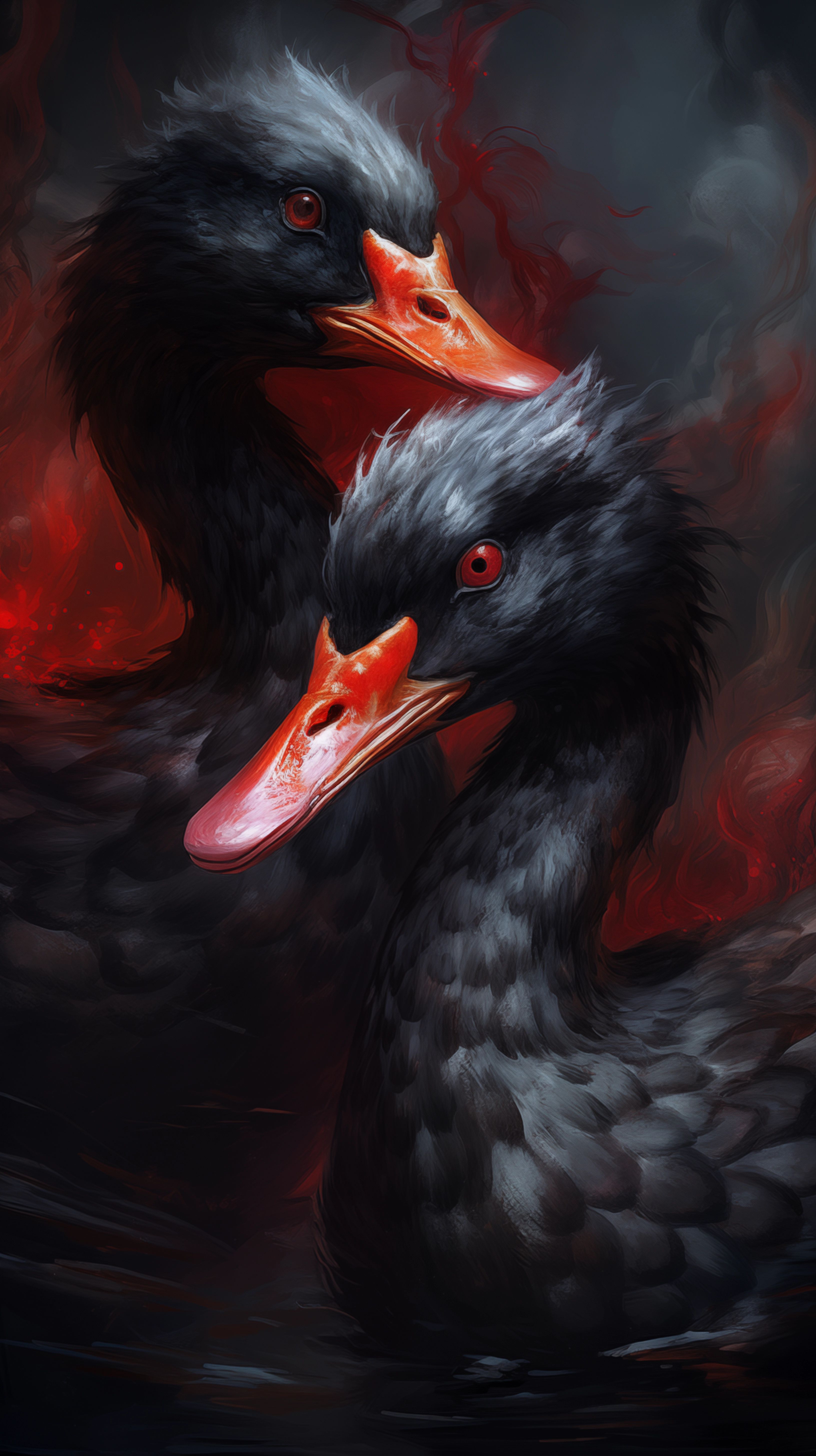 Prompt: terrifyingly demonic ducks with cute wiggly preportions hissing and fluffing feathers up, highly realistic feathers, red stained feathers, undead, focus on duck only, --ar 16:9 --c 10