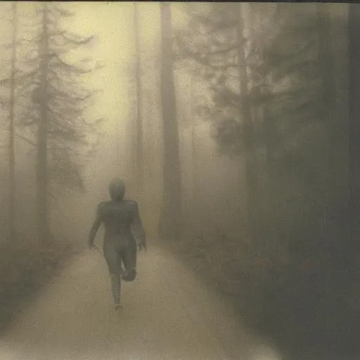 Prompt: eerie humanoid creature roaming a eerie wonderland, grainy polaroid, early technicolour image, photorealistic, Blurry, running at you, in the fog