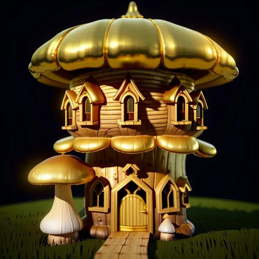 Prompt: Beautiful Serene gold and wooden mushroom gnome house with Elaborate Architecture, 4D 8k Resolution, hyperrealism, detailed painting, deviantart, trending on artstation, unreal engine, Cinematic, Beautiful Lighting, Cel-shaded, depth,