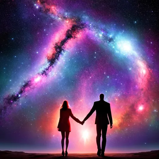 Prompt: Man and woman walking into a Galaxy with powerful colors and arrays while holding hands, beautiful lighting, 64K, ultra high res, comets, super novas, galaxies, photo realistic, symmetrical body’s, normal body