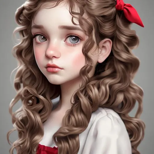 Prompt: an aldult with Pigtails soft brown wavy hair, soft brown eyes with red untertone, digital art