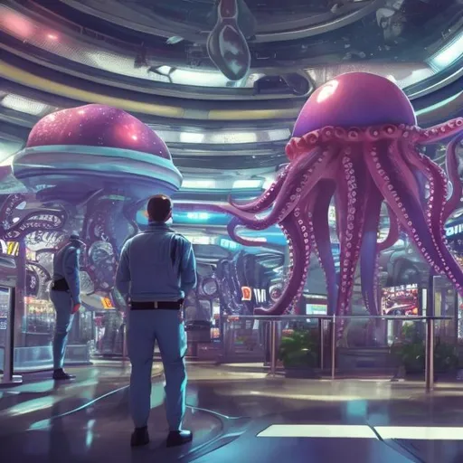 Prompt: octopus security guards in a busy alien mall, widescreen, infinity vanishing point, galaxy background, surprise easter egg