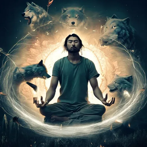 Prompt: A man in meditative pose with a trying to control  "Wolf & tiger faced human beings " emanating from him from his background  trying to escape,  as flowers arrows shower upon  from sky