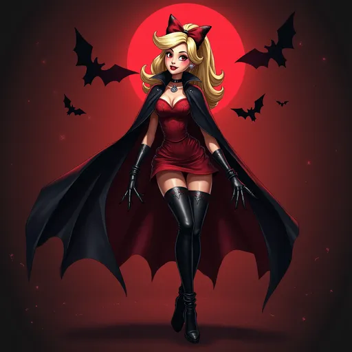 Prompt: princess Daisy get bitten by a vampire bat and start turing into a vampire the eyse turn red her gloves are now patten leather black and she has on a vampire cape with collar up get dress is short to show off her new thigh high heel boots you see her showing off her fangs