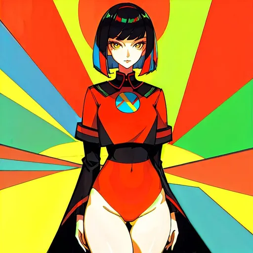 Prompt: a lonely AI girl, very tall, thick thighs, wide hips, long legs, slender waist, big beautiful symmetrical eyes, intriguingly beautiful face, aloof expression, bob haircut with bangs, colorful Soviet Propaganda art style, 12K resolution, hyper quality, hyper-detailed, depth of field