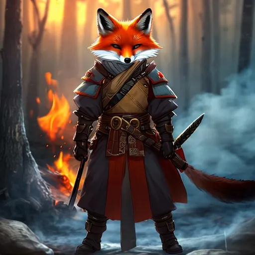 Prompt: A fox holding a oni mask near to hes  face, in war clothes, around fire. Full body. 