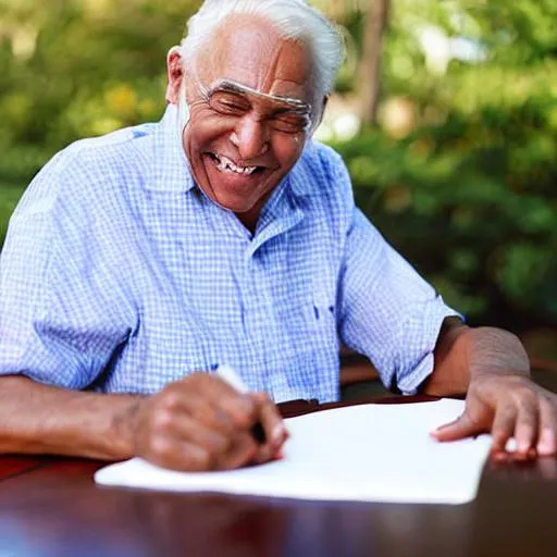 Prompt: happy old man holding a pen