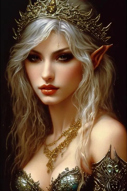 Prompt: sexy, cleavage, beautiful female elf wizard queen, "Luis Royo", high quality, oil painting, Very detailed,  clear visible face,  yellow eyes, big huge yellow eyes, elf ears
