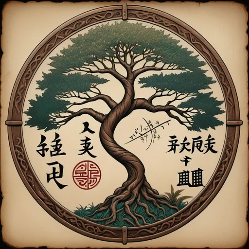 Prompt: Insignia for the Faraway Inn, mystical draconic fantasy, ancient wood engraving, ethereal glow, high quality, detailed runes and symbols, trees leaves and vines, magical ambiance, worn and weathered texture, fading light, otherworldly colors, hauntingly beautiful, mysterious and inviting, spiritual retreat, mystical, soothing aura, mystical symbols written in Japanese to welcome weary travelers to the Faraway Inn. 