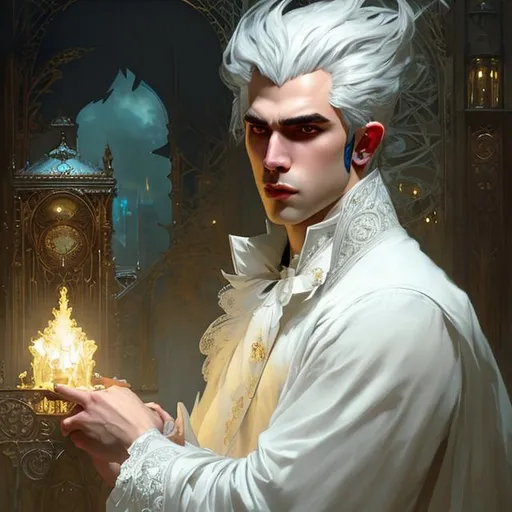 Prompt: Splash art portrait of handsome, androgynous, vampire, white haired man with short white hair, victorian light clothes, elegant, highly detailed, intricate, smooth, sharp focus, artstation, digital painting, concept art, art by greg rutkowski, alphonse mucha and John William Waterhouse