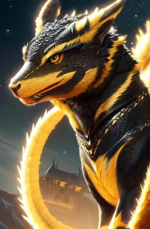 Prompt: Portrait of an wyvern with striking galactic fur and black and gold markings and a cute face, castle background, perfect composition, hyperrealistic, super detailed, 8k, high quality, trending art, trending on artstation, sharp focus, studio photo, intricate details, highly detailed, by greg rutkowski