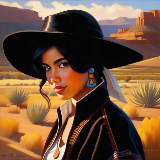 Prompt: Hispano girl, light skin, black hair, dark brown eyes, in New Mexico, cartoony, sunny atmosphere, extremely detailed painting by Greg Rutkowski and by Henry Justice Ford and by Steve Henderson