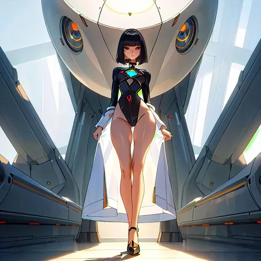 Prompt: a lonely AI lifeform, very tall, thick thighs, wide hips, huge glutes, long legs, slender arms, slender waist, big beautiful symmetrical eyes, intriguingly beautiful face, aloof expression, symmetrical face, bob haircut with bangs, high-fashion, hyper photorealistic, realistic lighting, realistic shadows, realistic textures, 36K resolution, 12K raytracing, hyper-professional, impossible quality, impossible resolution, impossibly detailed, hyper output, perfect continuity, realistic reflections