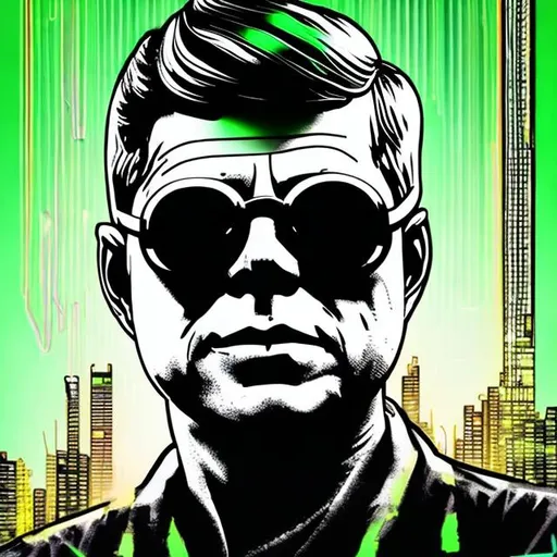 Prompt: JFK wearing neon shutter shades, neon theme, cyberpunk arts style, neon cartoon, ultra high detail, lighting, shaders