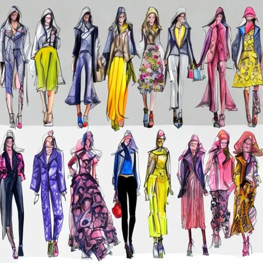 Prompt: Fashion design model drawing with color outfits 
