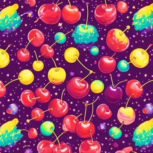 Prompt: Cherries in outer space in the style of Lisa frank