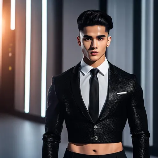 Prompt: crop top black long sleeve business suit with a black necktie, bare midriff, bare navel,  black business suit pants, 20-years old, male, man, confident, long wavy hair, six pack abs, standing, arms akimbo, showcasing abs, sideview, outside, shining light, photo, 4k, hdr, vibrant, studio camera,