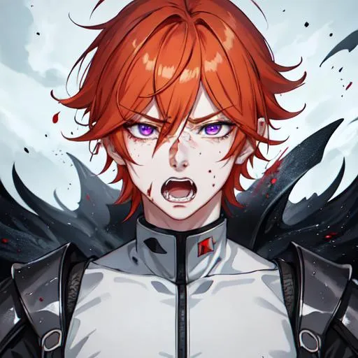 Prompt: Erikku male adult (short ginger hair, freckles, right eye blue left eye purple) UHD, 8K, Highly detailed, insane detail, best quality, high quality,  anime style, in purgatory, yelling, angry, fighting, covered in blood