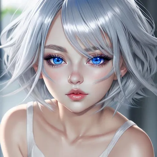 Prompt: young woman,  silver hair that is short , blue eyes, plump lips, anime style