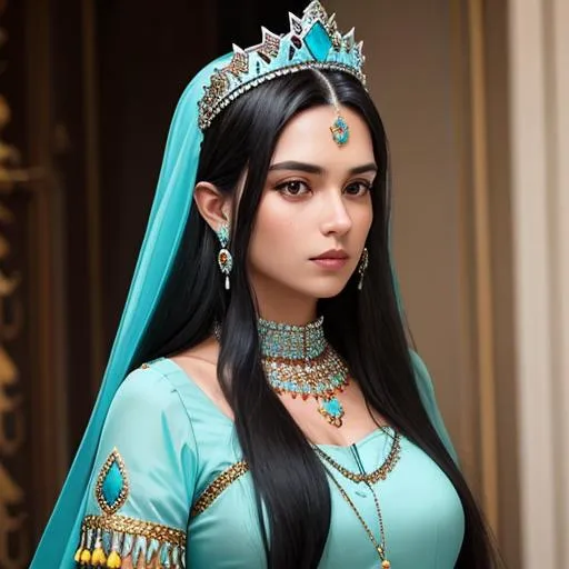 Prompt: Woman with long dark hair, wearing a turquoise studded tiara and jewelry