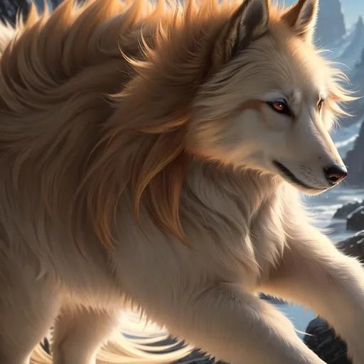 Prompt: 8k, 3D, UHD, masterpiece, oil painting, best quality, artstation, hyper realistic, photograph, perfect composition, zoomed out view of character, 8k eyes, Portrait of a (beautiful Ninetales), {canine quadruped}, thick glistening gold fur, deep sinister (crimson eyes), ageless, lives a thousand years, epic anime portrait, wearing a beautiful (silky scarlet and gold scarf), thick white mane with fluffy golden crest, golden magic fur lighlights, studio lighting, animated, sharp focus, intricately detailed fur, graceful, regal, cinematic, magnificent, sharp detailed eyes, beautifully detailed face, highly detailed starry sky with pastel pink clouds, ambient golden light, perfect proportions, nine beautiful tails with pale orange tips, insanely beautiful, highly detailed mouth, symmetric, sharp focus, golden ratio, complementary colors, perfect composition, professional, unreal engine, high octane render, highly detailed mouth, Yuino Chiri, Anne Stokes